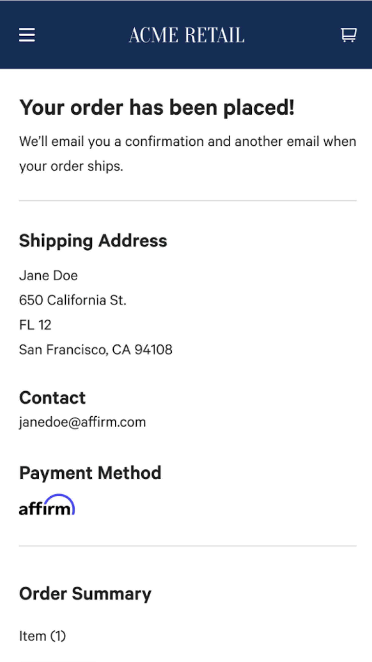 Resumo do carrinho de compras online com vestido floral, morada de facturação e opção de pagamento Affirm