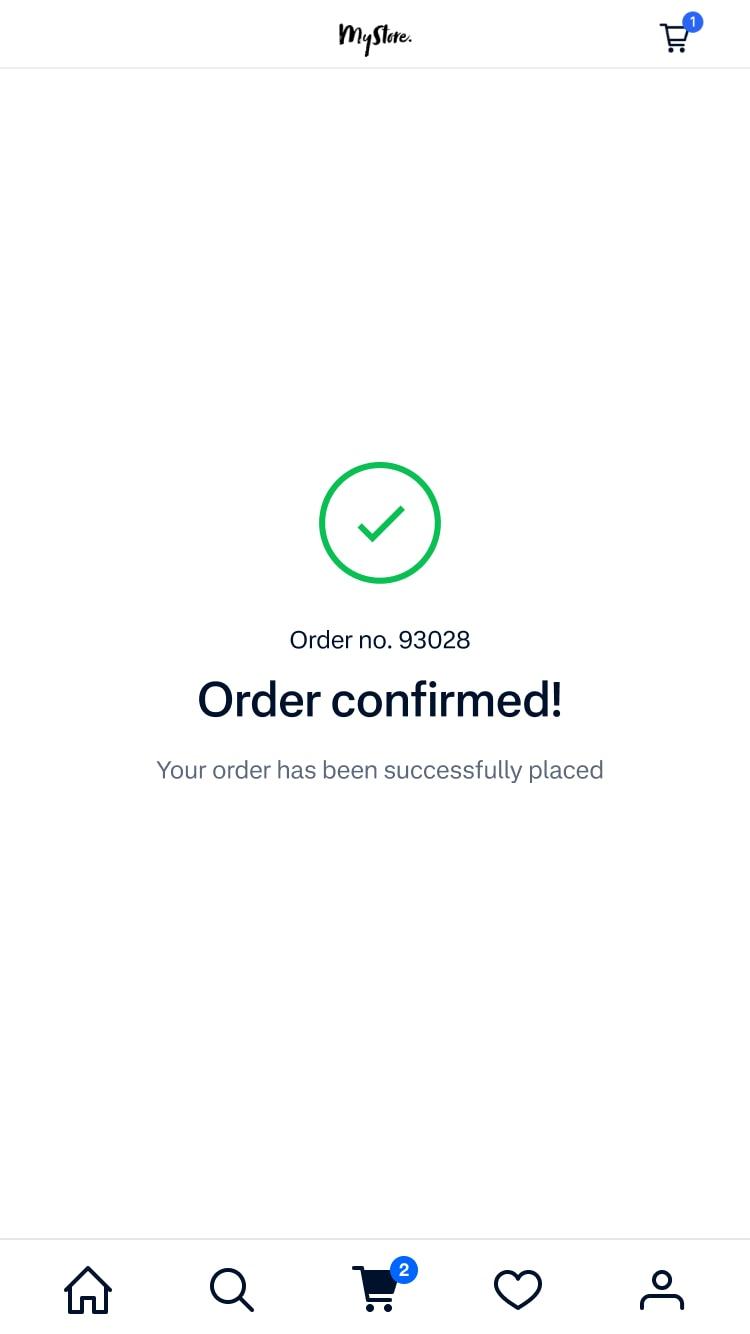 Confirmation screen with a checkmark and text saying 'Thank you! Your order has been successfully placed.' with a 'Return home' button