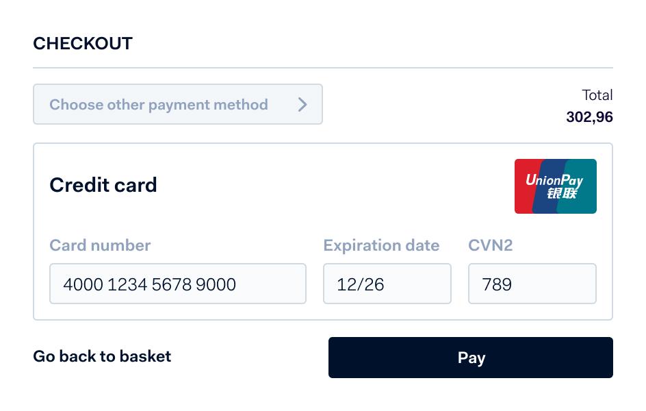 Checkout screen with credit card payment option showing UnionPay as selected method.