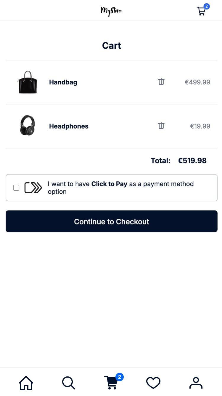 Mobile screen displaying a checkout page with headphones in the cart priced at €19.99