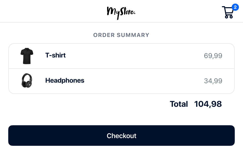 Online shopping cart with a black T-shirt and headphones listed with prices, total sum displayed, and a checkout button.