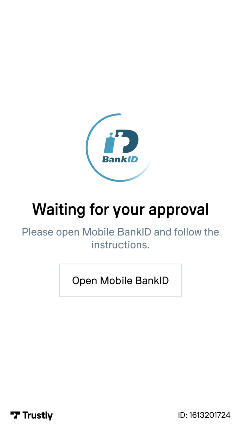 Screen displaying BankID logo with 'Waiting for your approval' message and a button saying 'Open Mobile BankID'.