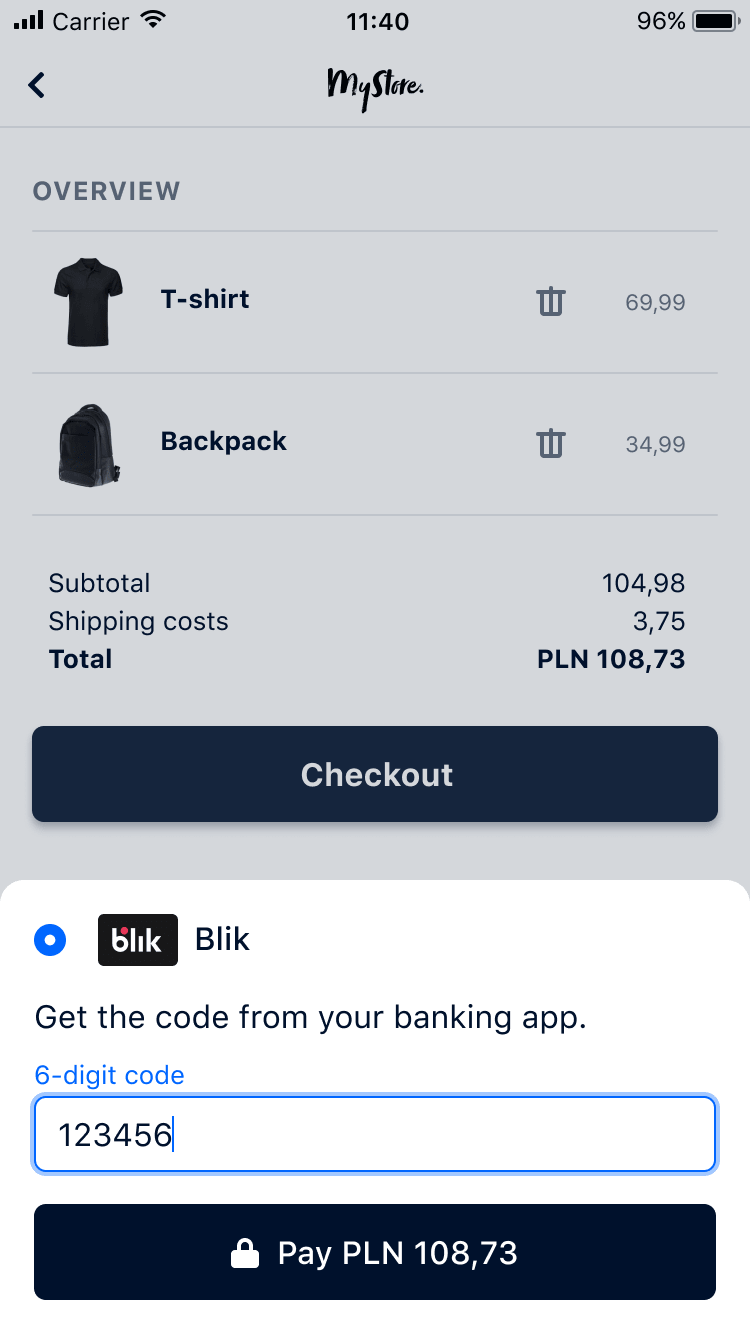 Mobile screen displaying a checkout page with a total amount, and Blik payment option highlighted