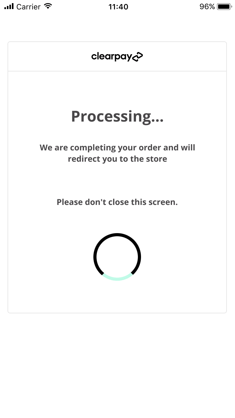 Tela de processamento Clearpay em dispositivo móvel com indicador de progresso e texto redirecionando para a loja