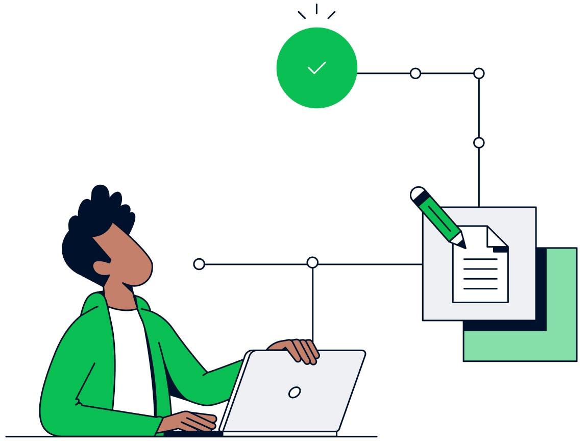 Person signing up for a new subscription via a laptop with abstract flowchart and checklist on clipboard.